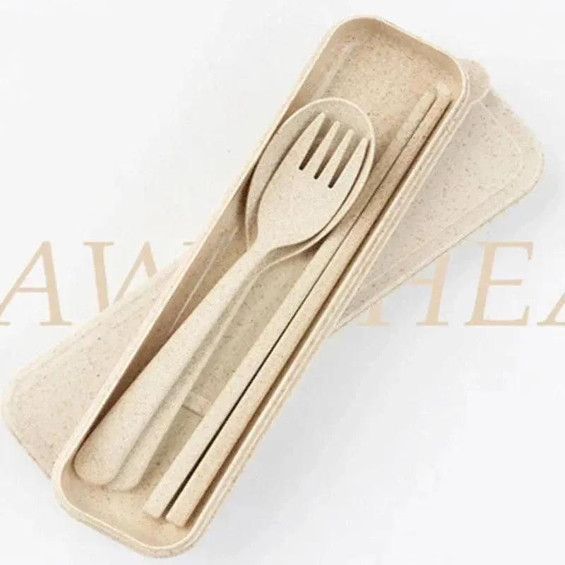 Cutlery Wheat Straw Spoon Fork Chopsticks With Box Students Tableware Travel Portable Dinnerware Kitchen Accessories