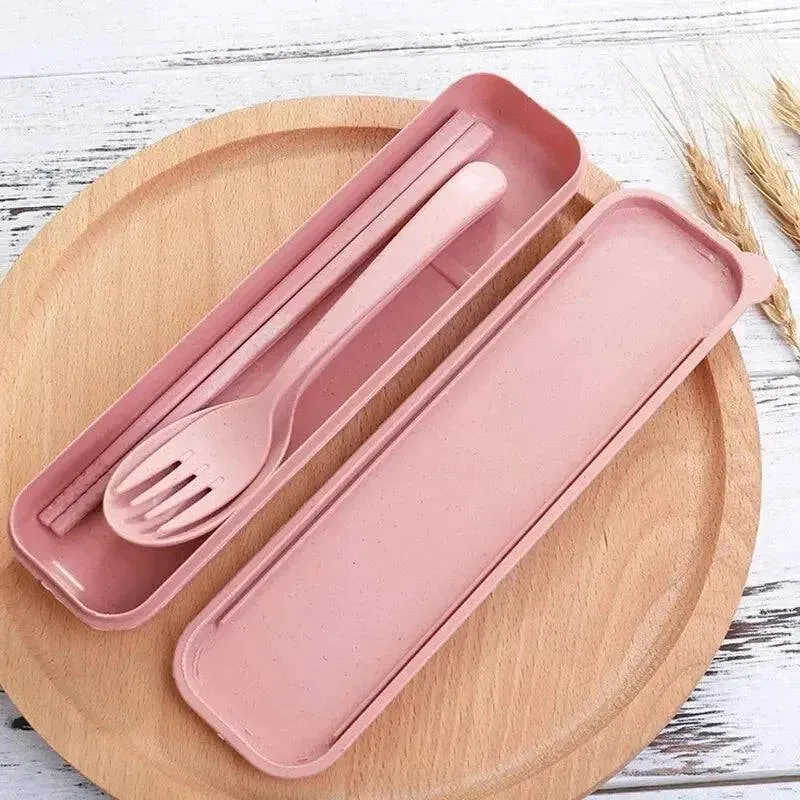 Cutlery Wheat Straw Spoon Fork Chopsticks With Box Students Tableware Travel Portable Dinnerware Kitchen Accessories
