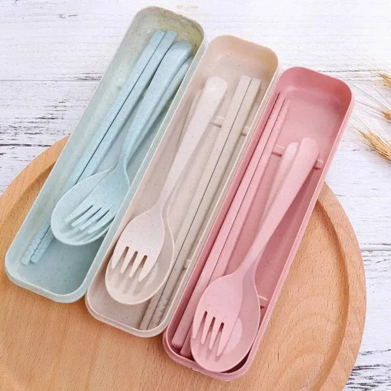 Cutlery Wheat Straw Spoon Fork Chopsticks With Box Students Tableware Travel Portable Dinnerware Kitchen Accessories