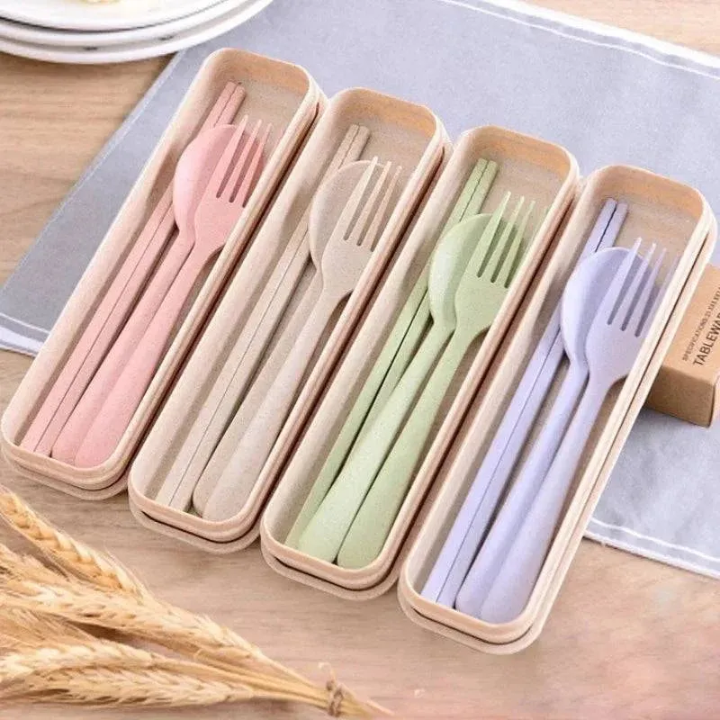 Cutlery Wheat Straw Spoon Fork Chopsticks With Box Students Tableware Travel Portable Dinnerware Kitchen Accessories