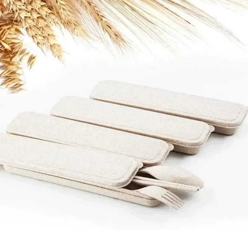 Cutlery Wheat Straw Spoon Fork Chopsticks With Box Students Tableware Travel Portable Dinnerware Kitchen Accessories