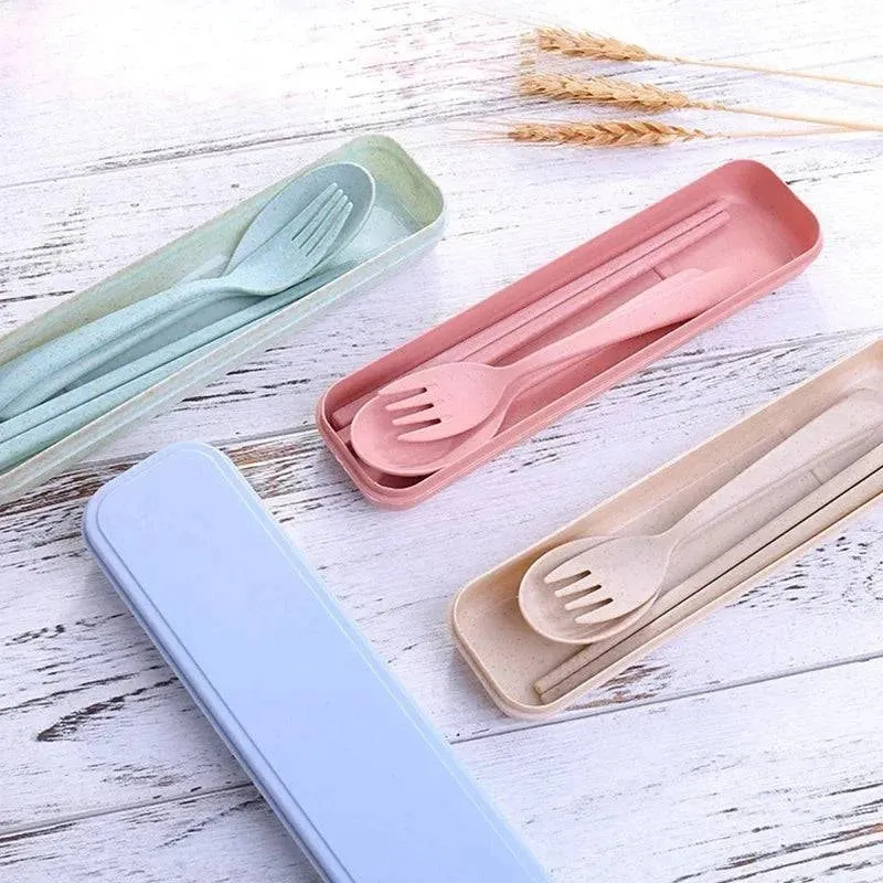 Cutlery Wheat Straw Spoon Fork Chopsticks With Box Students Tableware Travel Portable Dinnerware Kitchen Accessories