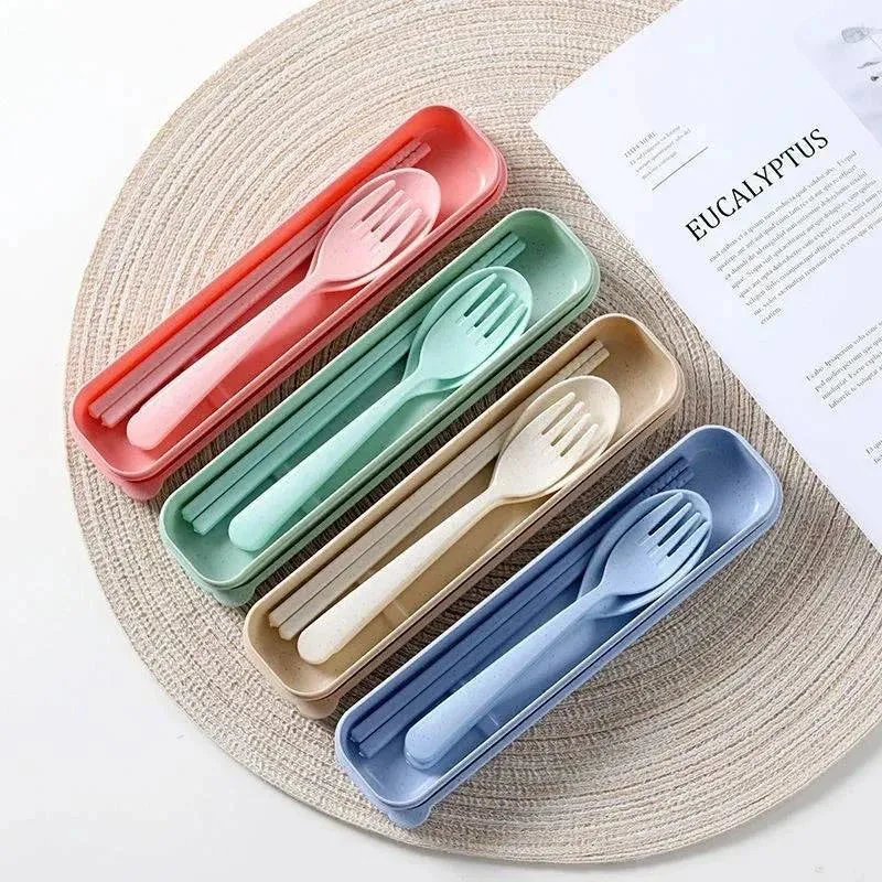Cutlery Wheat Straw Spoon Fork Chopsticks With Box Students Tableware Travel Portable Dinnerware Kitchen Accessories