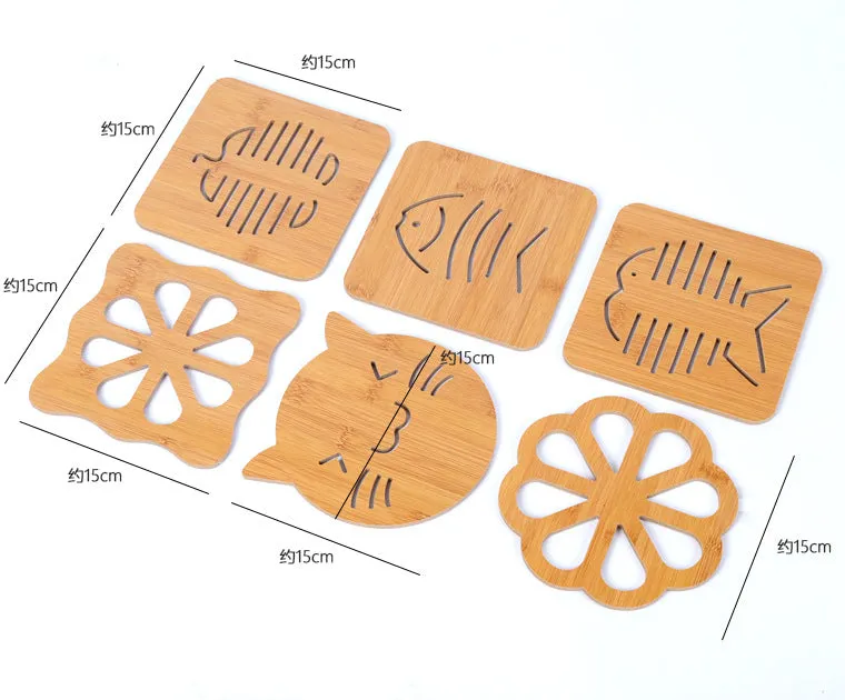 Dining Table Mat 3 PCS Coasters Wooden Cartoon Heat Proof Mats