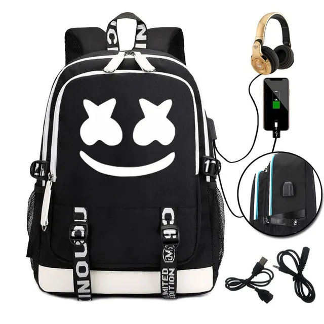 DJ Marshmallow Backpack school backpacks for teenagers boys Girls Student Bags USB multifunction travel Luminous Bag Laptop Pack