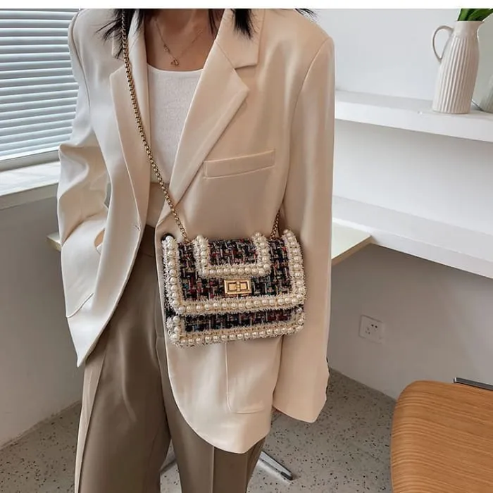 Faux Pearl Tweed Crossbody Bag
