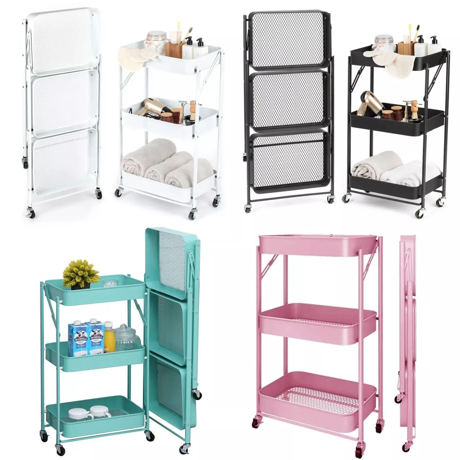 Foldable 3-Tier Metal Storage Organizer Rolling Cart | White