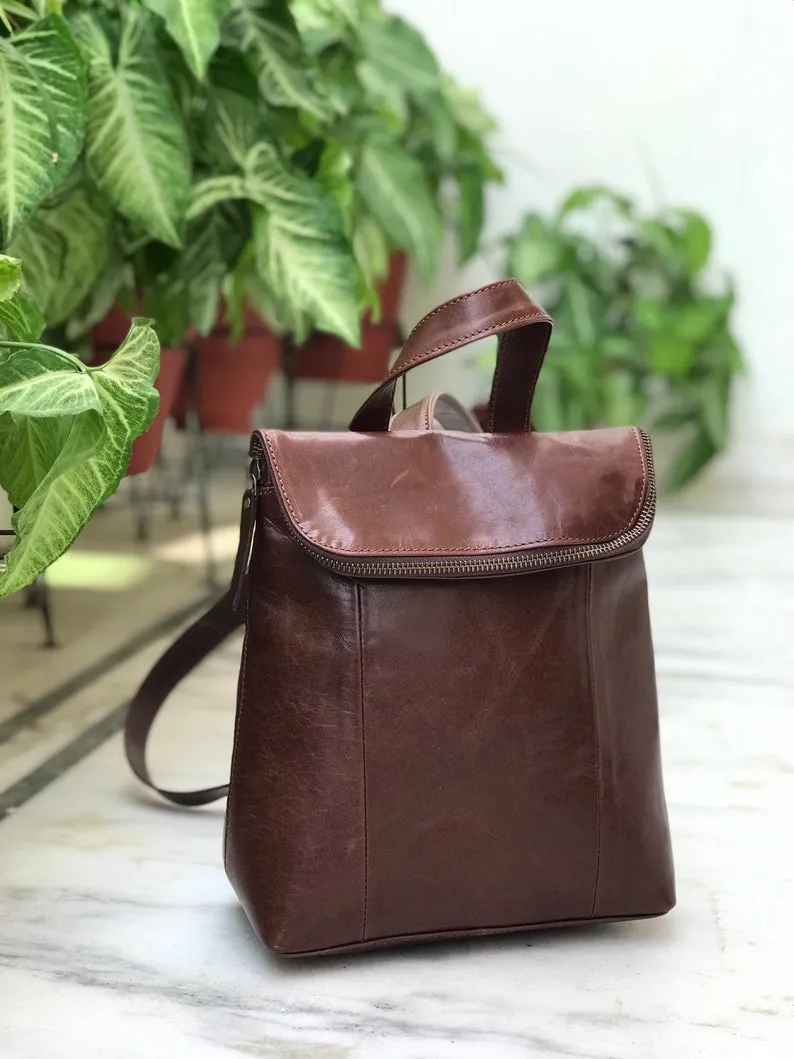 Full Grain Coffee Brown Leather Backpack