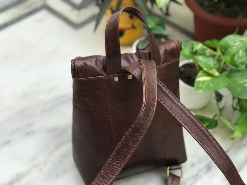 Full Grain Coffee Brown Leather Backpack