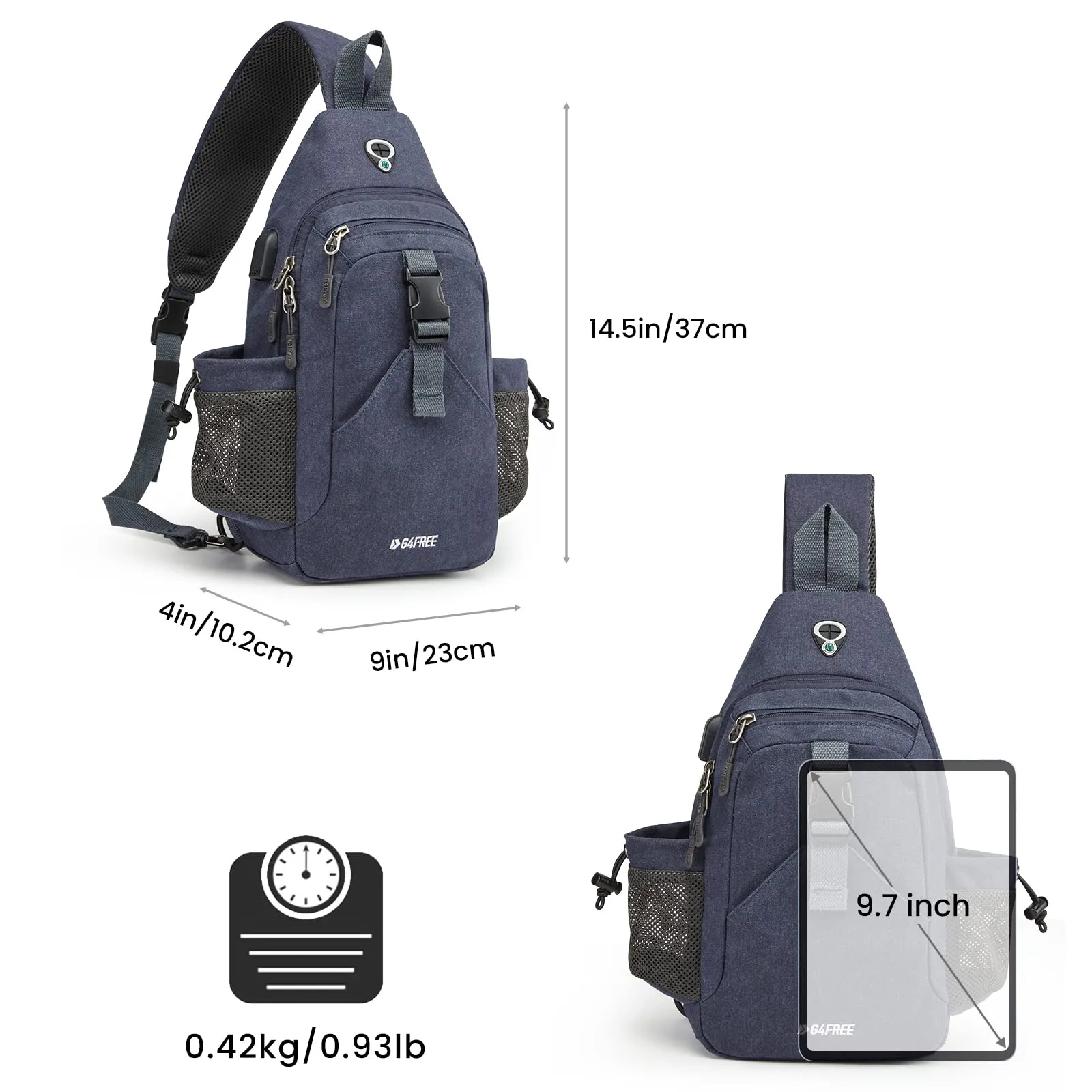 G4Free Canvas Sling Bag Crossbody Backpack with USB Charging Port & RFID Blocking