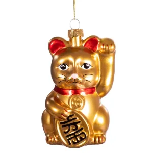 Gold Lucky Cat Shaped Glass Christmas Bauble