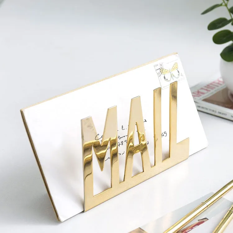 Gold Tone Metal Desktop Mail Holder with MAIL Cutout Design