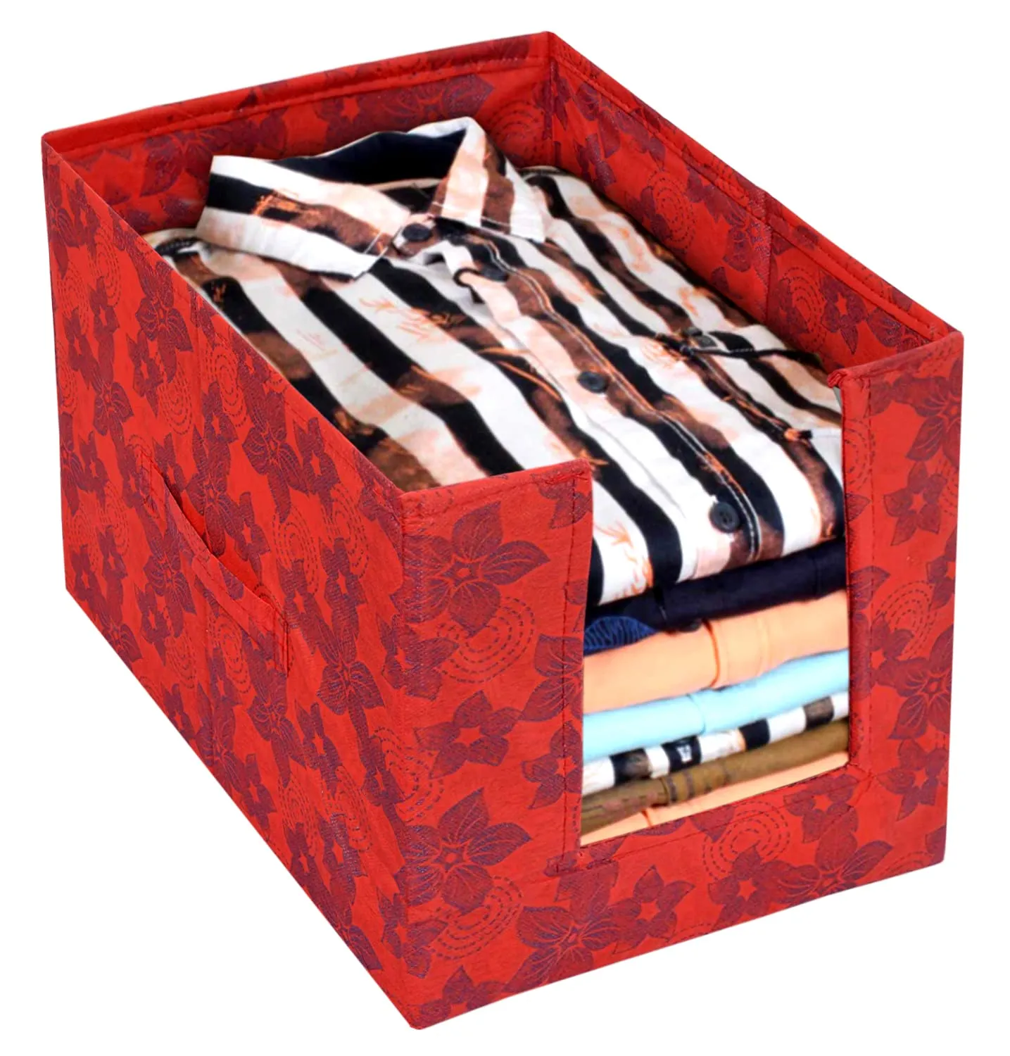 Heart Home Metallic Flower Printed Multiuses Non-Woven Closet Organizer With Handles- Pack of 6 (Red) -HS43HEARTH26465