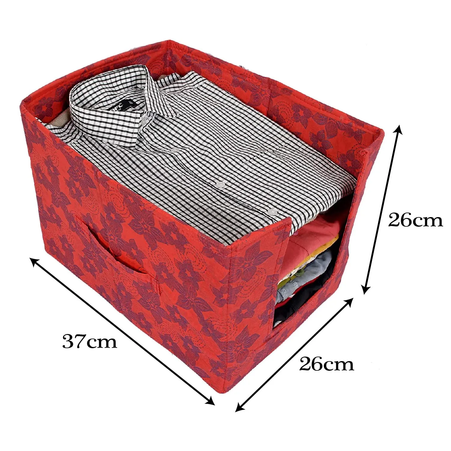 Heart Home Metallic Flower Printed Multiuses Non-Woven Closet Organizer With Handles- Pack of 6 (Red) -HS43HEARTH26465