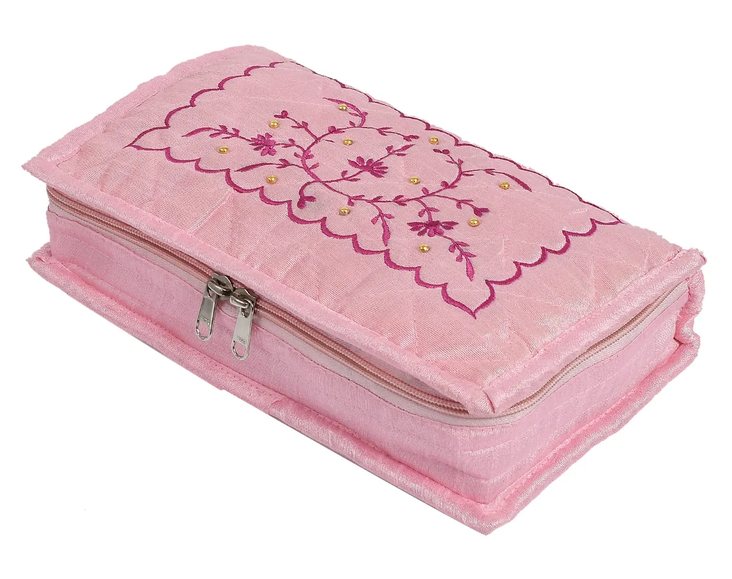 Heart Home Multiuses Embroidery Design Portable Jewellery Organizer With 6 Tranasparent Pockets- Pack of 4 (Pink)