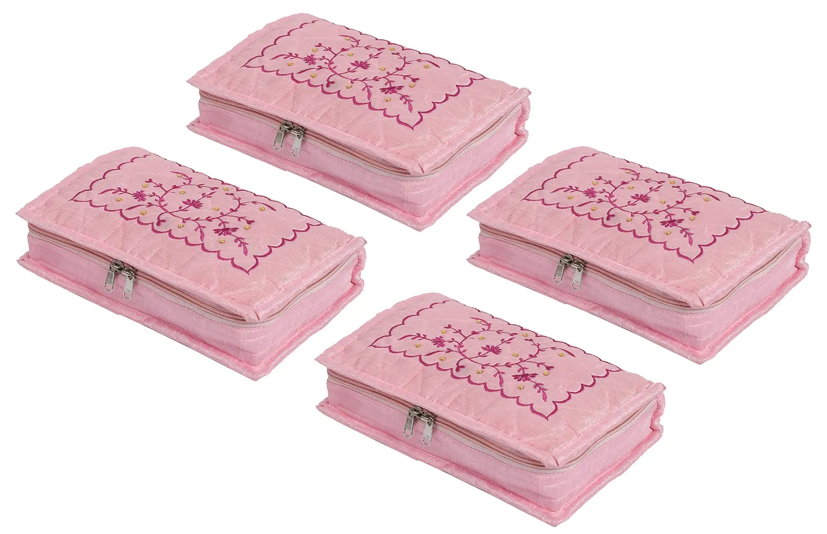 Heart Home Multiuses Embroidery Design Portable Jewellery Organizer With 6 Tranasparent Pockets- Pack of 4 (Pink)
