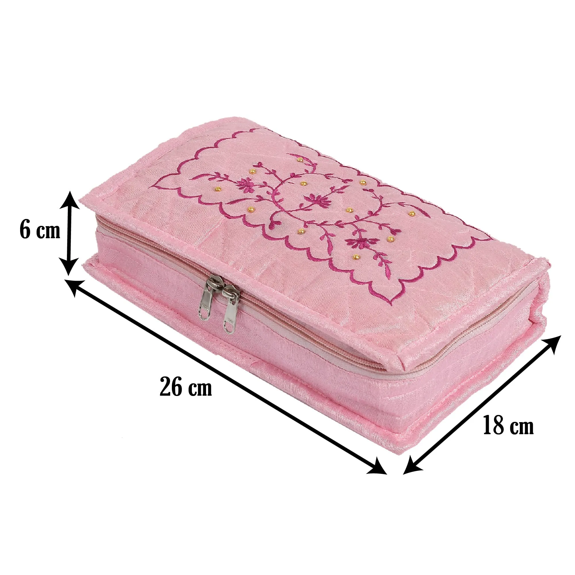 Heart Home Multiuses Embroidery Design Portable Jewellery Organizer With 6 Tranasparent Pockets- Pack of 4 (Pink)