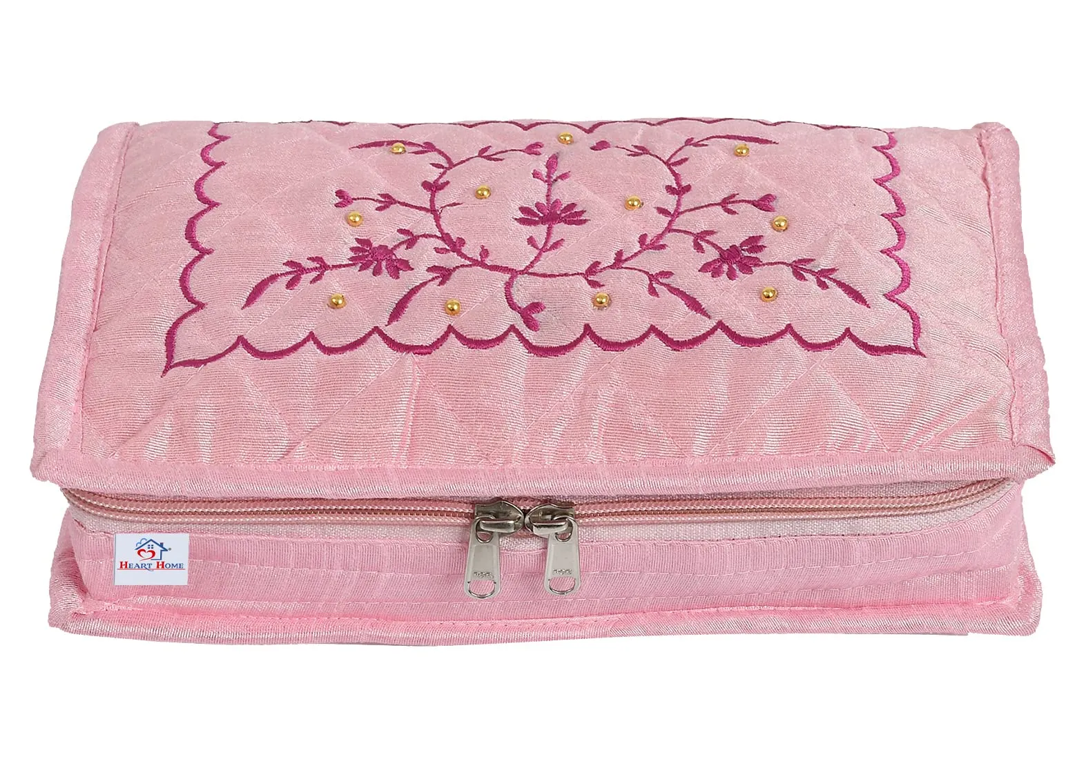 Heart Home Multiuses Embroidery Design Portable Jewellery Organizer With 6 Tranasparent Pockets- Pack of 4 (Pink)