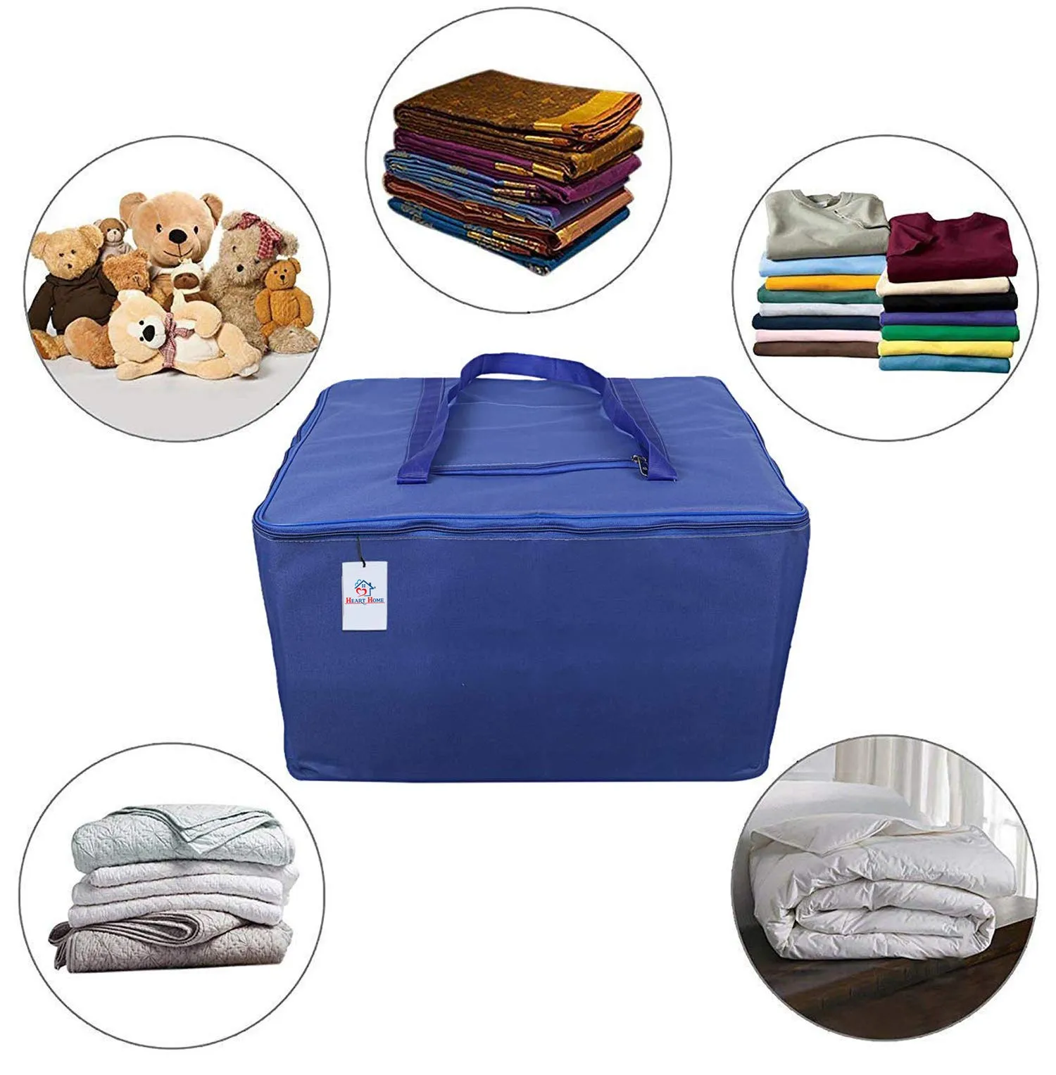 Heart Home Small Size Lightweight Foldable Rexine Jumbo Underbed Storage Bag With Zipper And Handle (Royal Blue)-Pack of 2