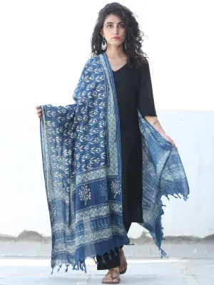 Indigo Ivory Dobby Cotton Hand Block Printed Dupatta  - D04170453