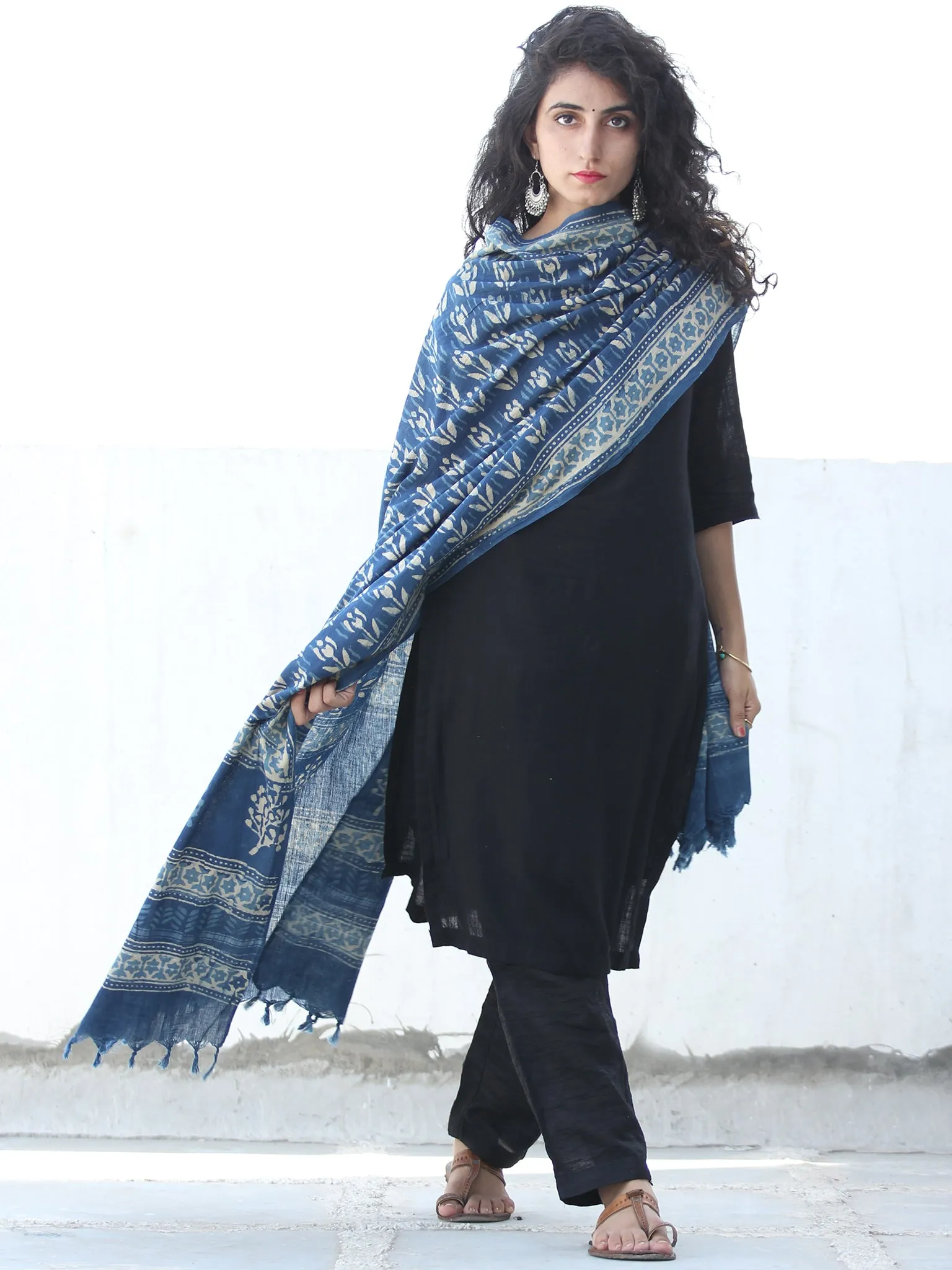 Indigo Ivory Dobby Cotton Hand Block Printed Dupatta  - D04170453