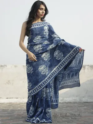 Indigo Ivory Hand Block Printed Cotton Saree In Natural Colors - S031702300