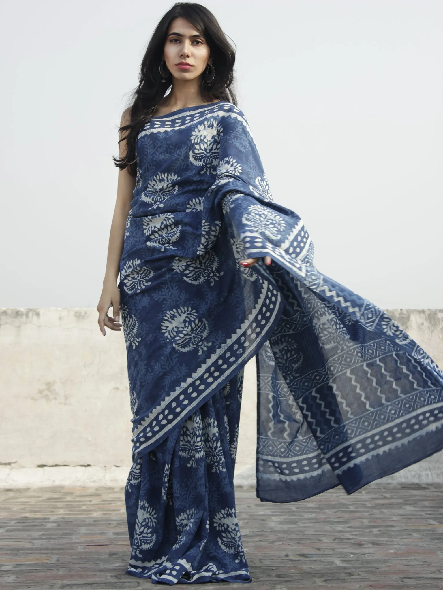 Indigo Ivory Hand Block Printed Cotton Saree In Natural Colors - S031702300