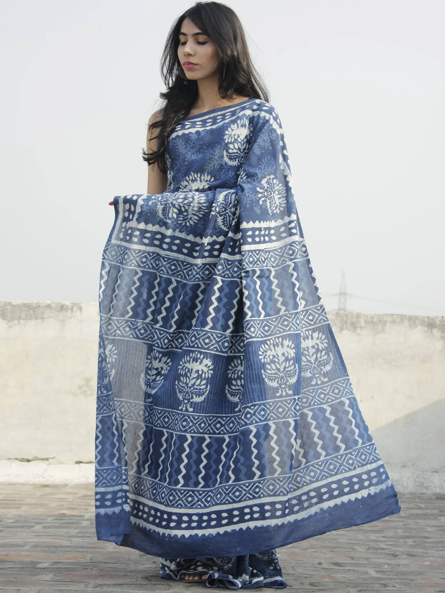 Indigo Ivory Hand Block Printed Cotton Saree In Natural Colors - S031702300