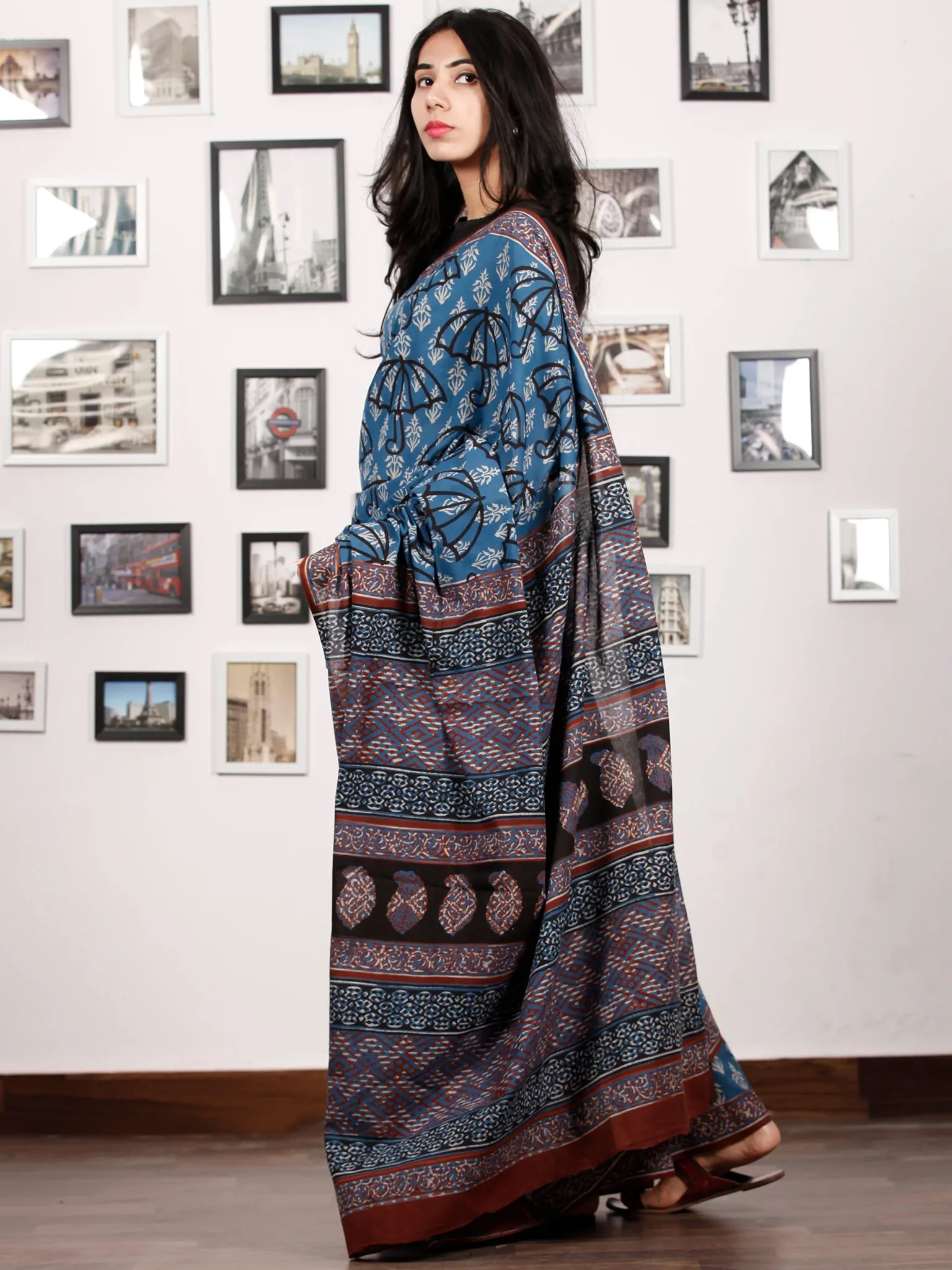 Indigo White Black Rust Hand Block Printed Cotton Saree In Natural Colors - S031702918