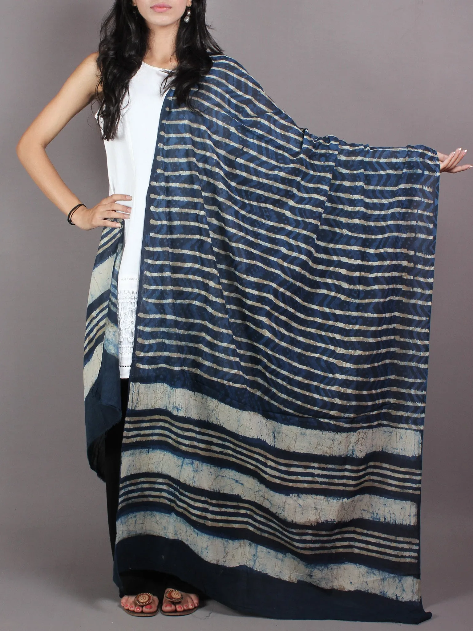 Indigo White Cotton Mul Hand Block Printed Dupatta With Beige Putai - D0417070