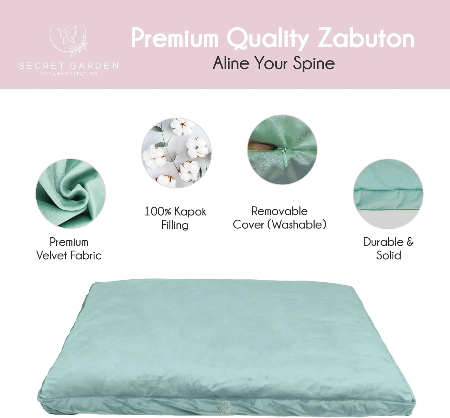 Large Meditation Mat – Premium Velvet Zabuton Meditation Cushion w 100% Kapok Insert