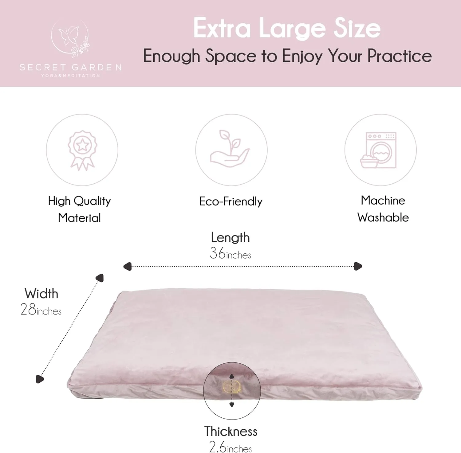 Large Meditation Mat – Premium Velvet Zabuton Meditation Cushion w 100% Kapok Insert