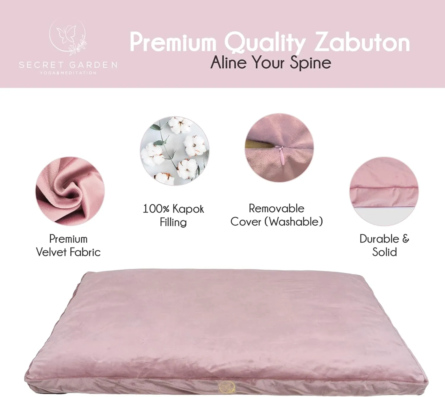 Large Meditation Mat – Premium Velvet Zabuton Meditation Cushion w 100% Kapok Insert