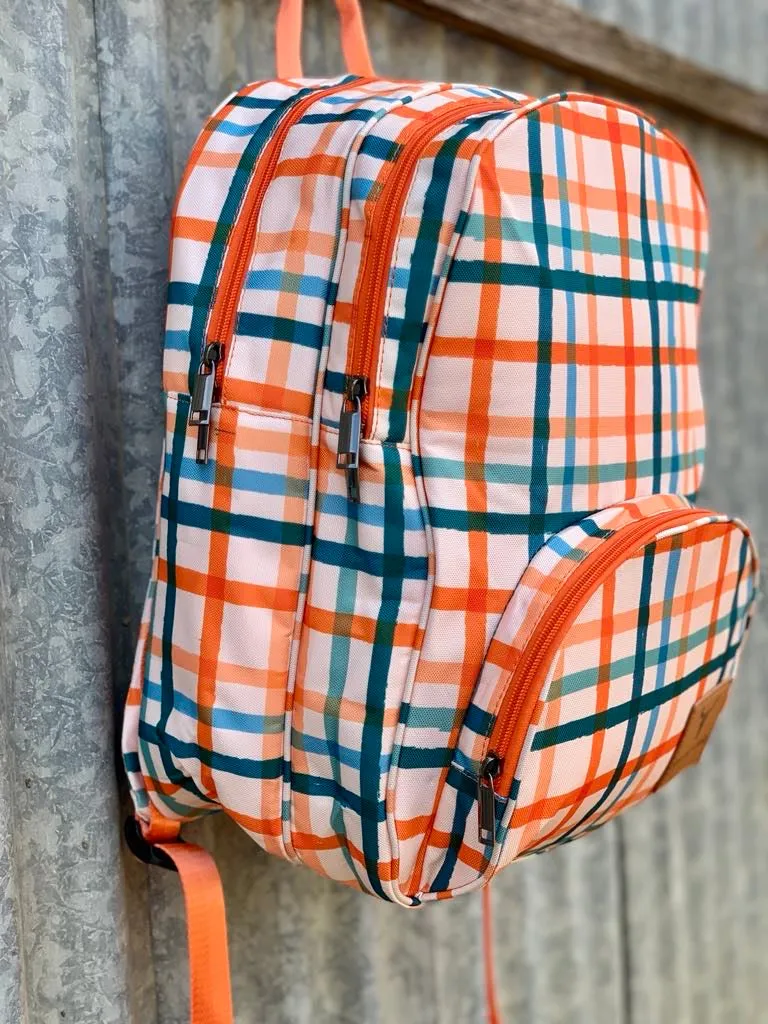 Orange Check Backpack Bag TWO ZIPPER