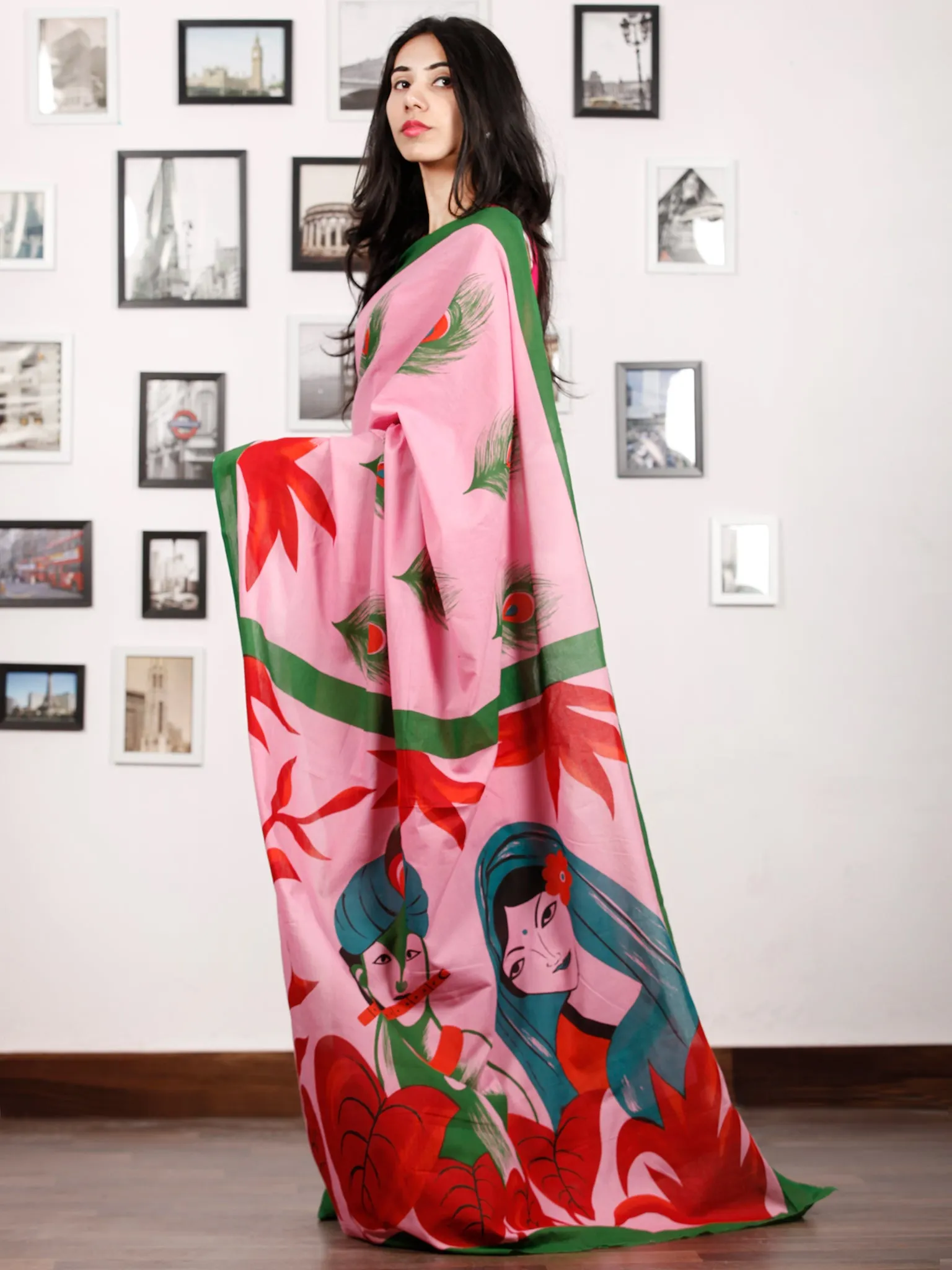 Pastel Pink Green Red Block Printed & Hand Painted Cotton Mul Saree - S031702911