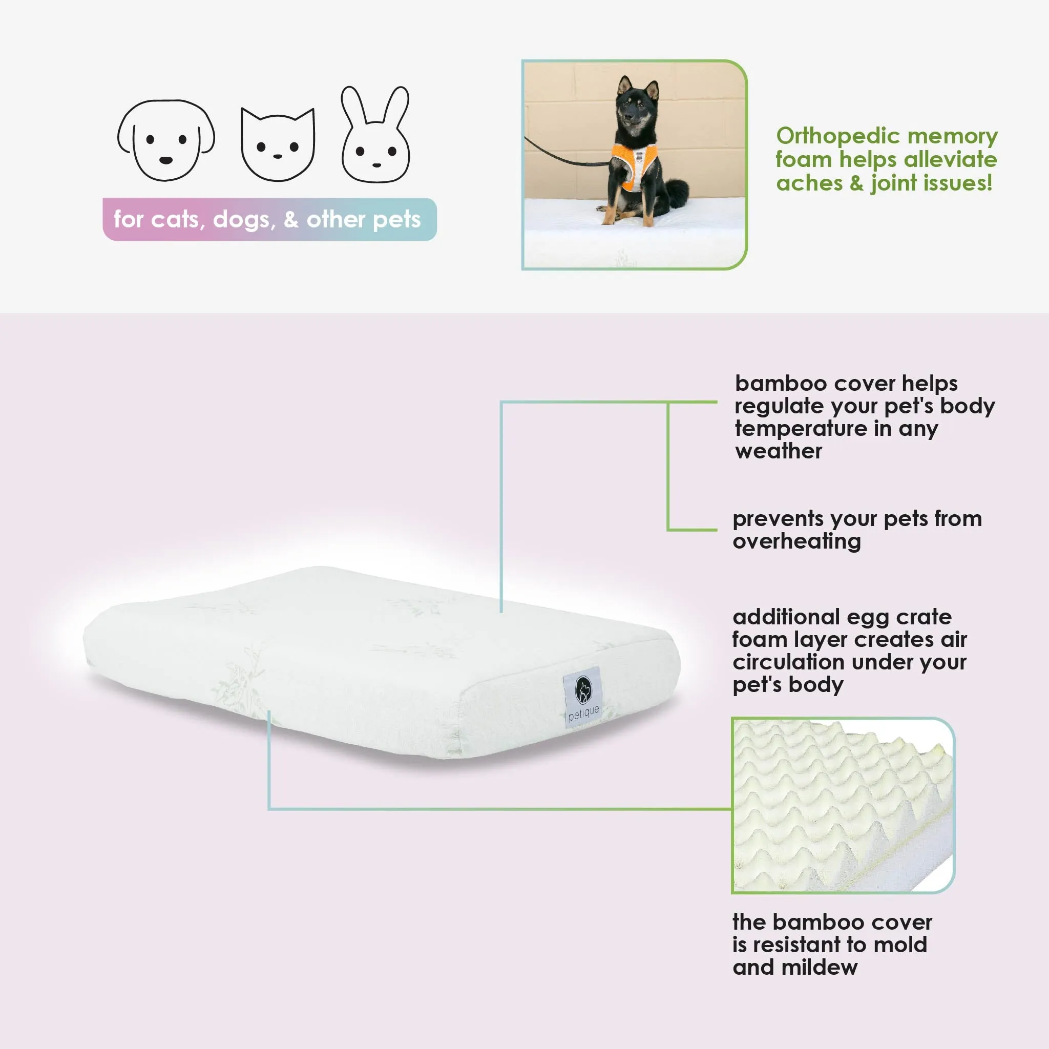 PETIQUE Bamboo Orthopedic Memory Foam Pet Bed - Small/Medium/Large, Sustainable, Non-Toxic, Hypoallergenic, for Dogs/Cats/Other Animals