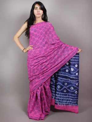 Pink Indigo Shibori Dyed Cotton Mul Saree with Persian Blue Motifs - S03170618