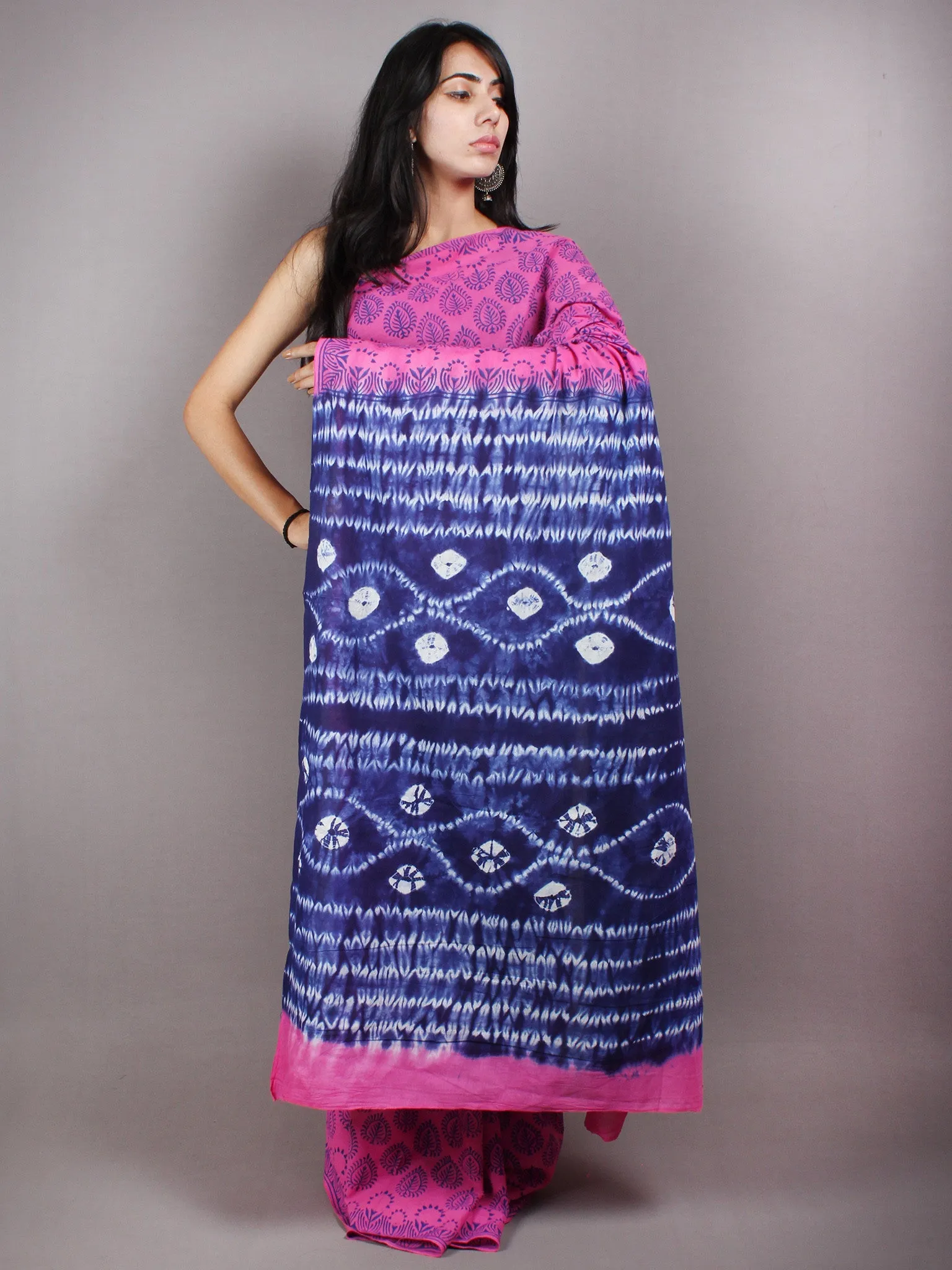 Pink Indigo Shibori Dyed Cotton Mul Saree with Persian Blue Motifs - S03170618
