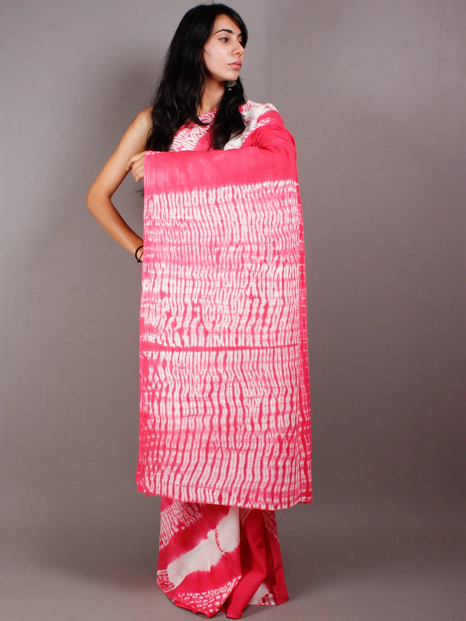 Pink White Shibori Hand Dyed Cotton Mul Saree  - S03170455