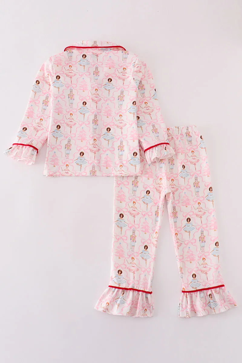 Red nutcracker print ruffle girl pajamas set