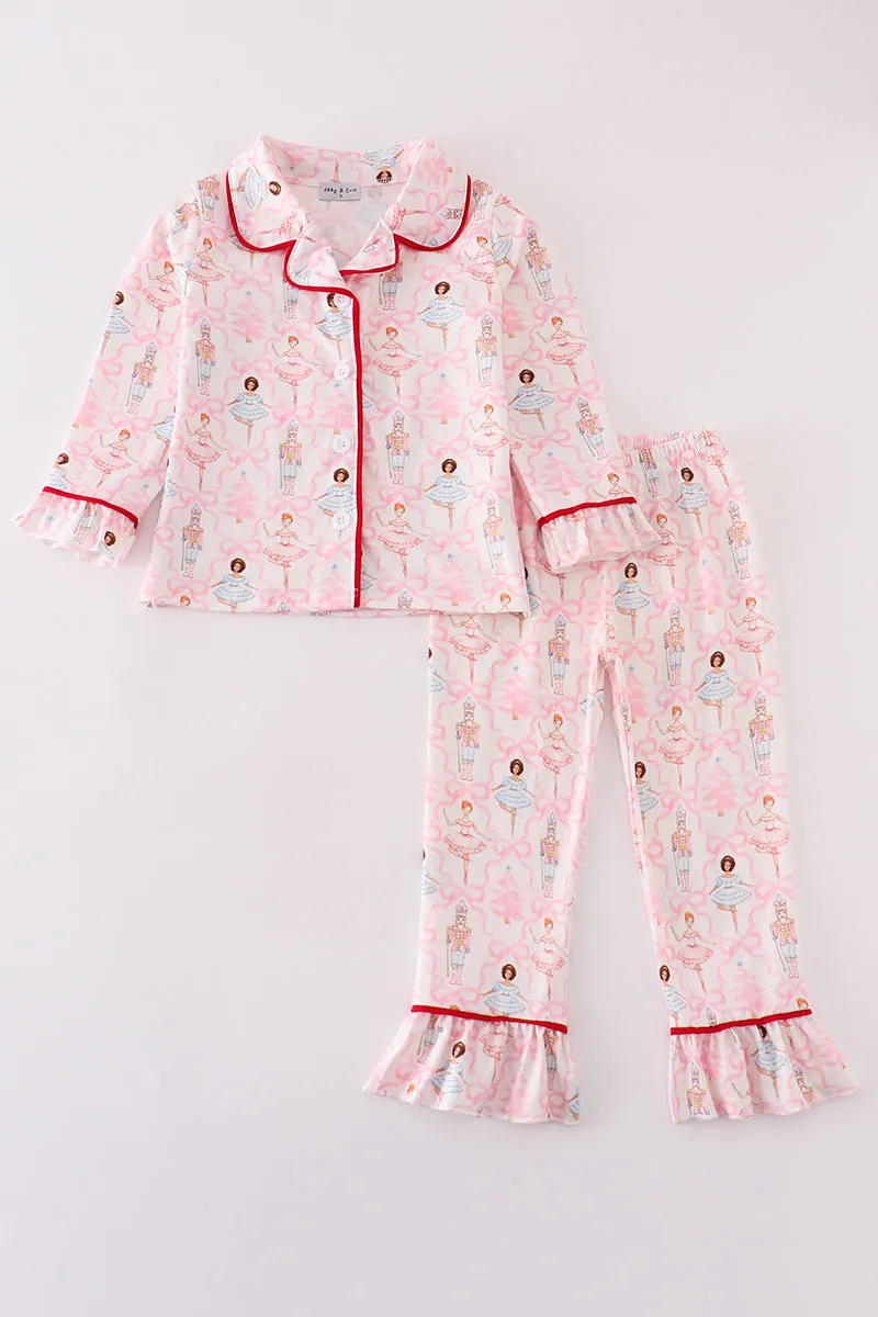 Red nutcracker print ruffle girl pajamas set