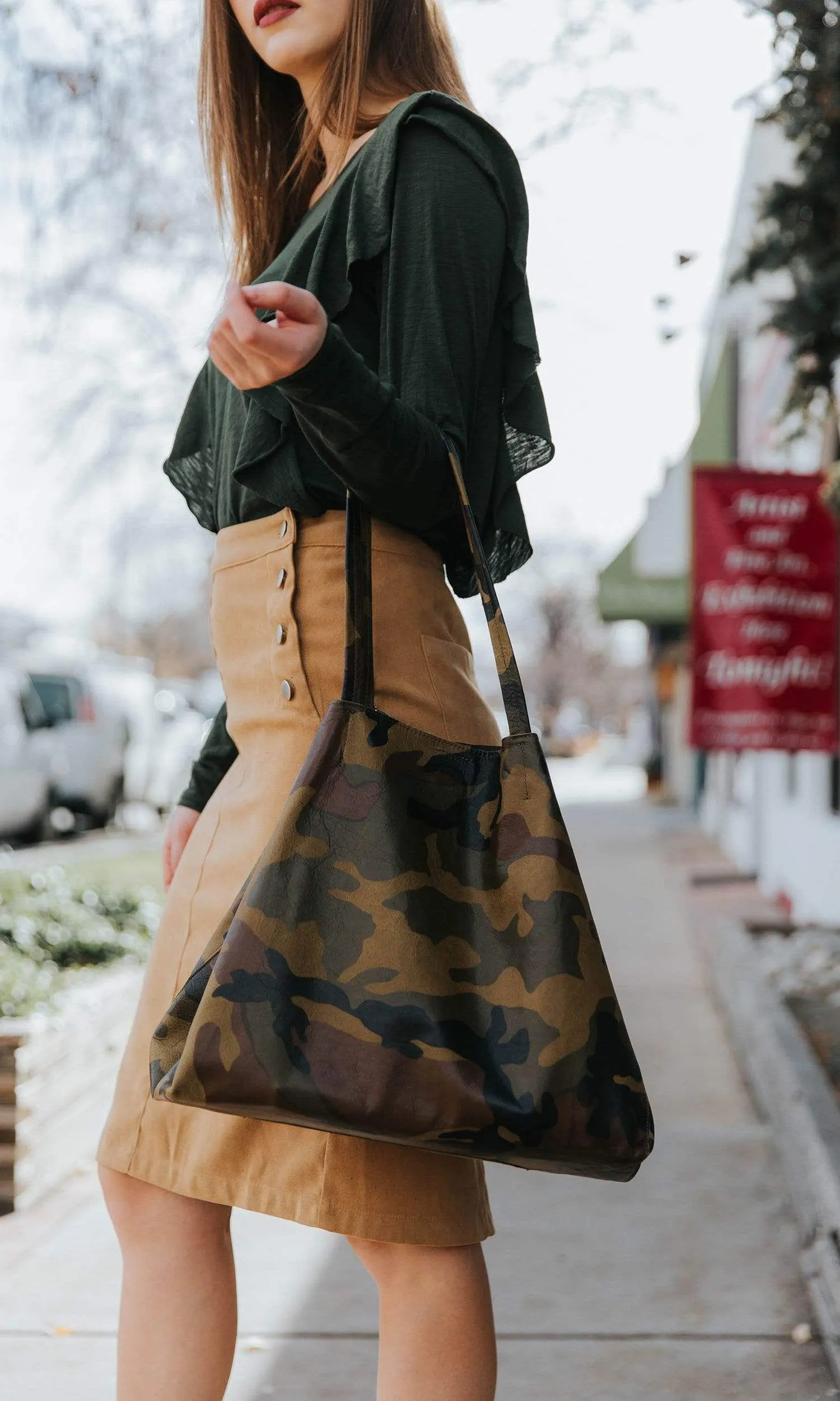 Streets Ahead Charlotte Pyramid Camo Print Large Leather Tote