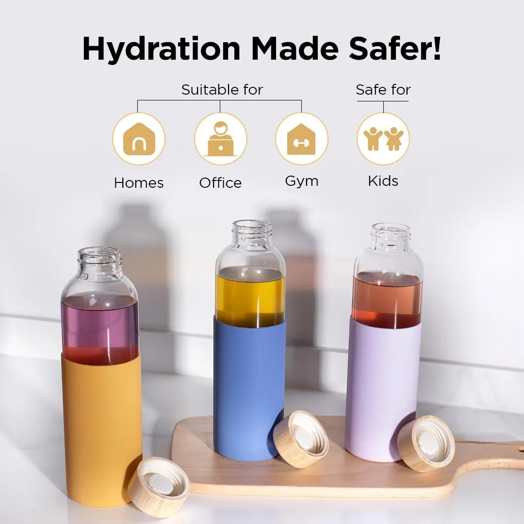 Urbane Home Water Bottle | Glass Bottle | Sleeve Protection Bottle | Bamboo Lid Water Bottle | Travel Round Bottle | 550 ML | Set of 2 | Yellow-Blue