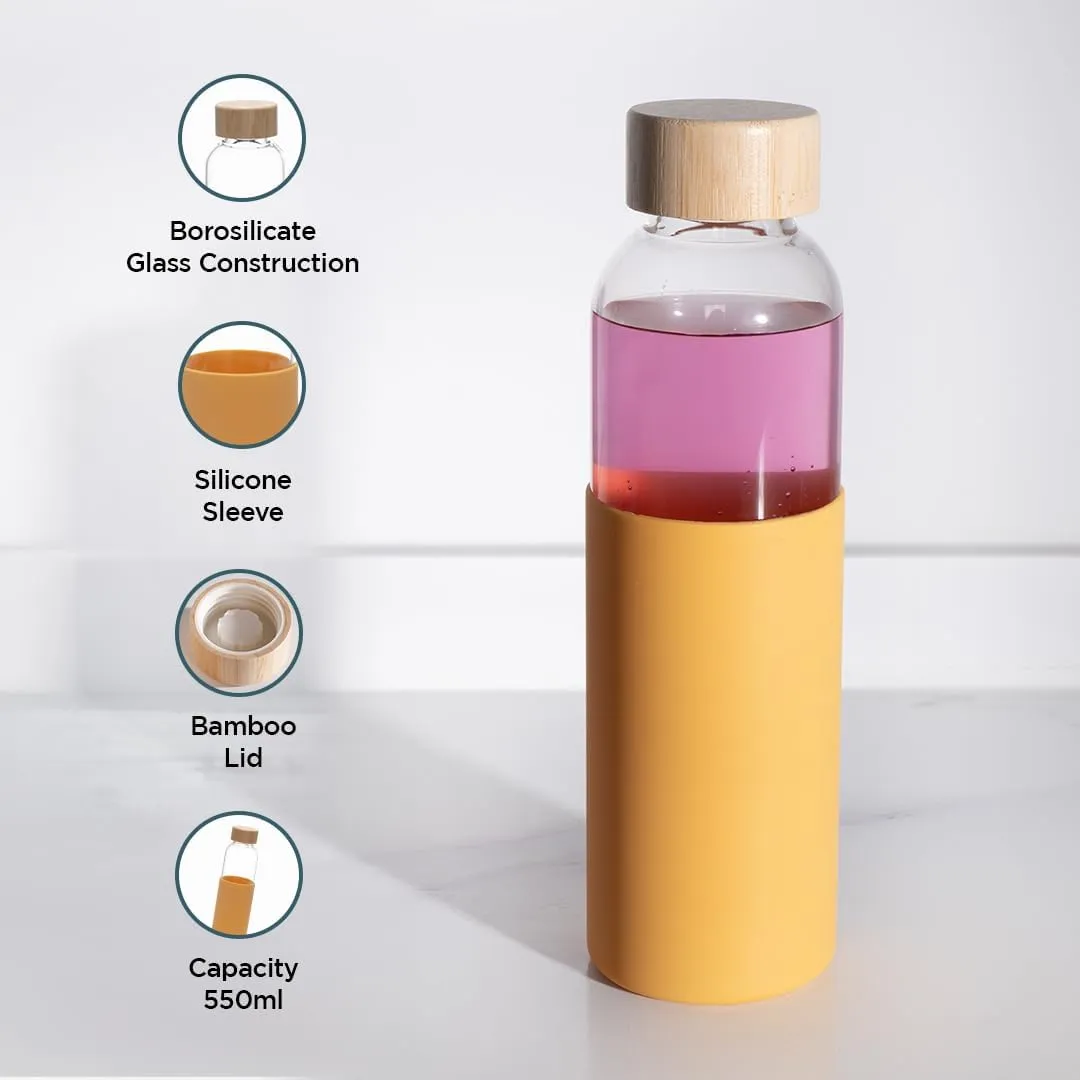 Urbane Home Water Bottle | Glass Bottle | Sleeve Protection Bottle | Bamboo Lid Water Bottle | Travel Round Bottle | 550 ML | Set of 2 | Yellow-Blue