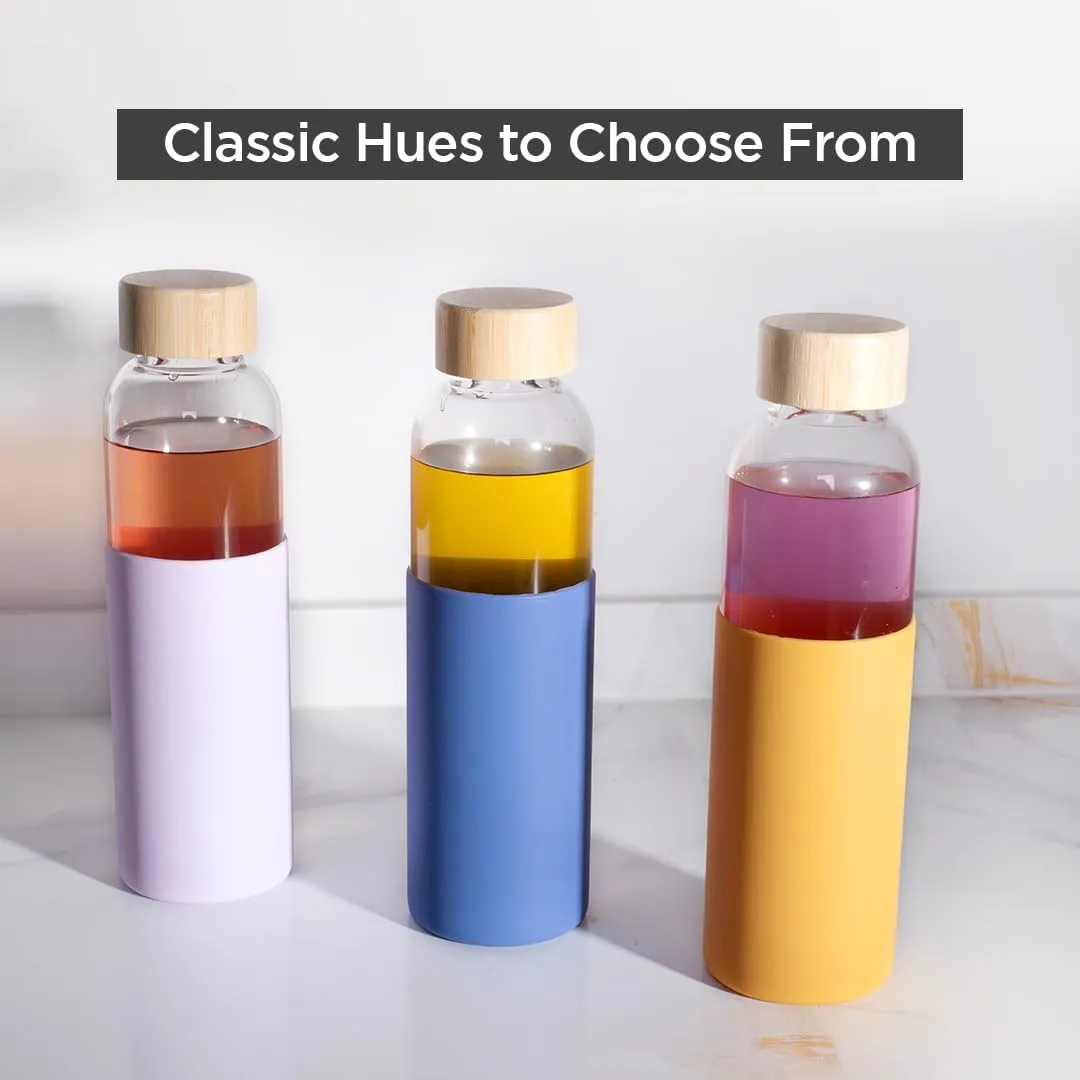 Urbane Home Water Bottle | Glass Bottle | Sleeve Protection Bottle | Bamboo Lid Water Bottle | Travel Round Bottle | 550 ML | Set of 2 | Yellow-Blue