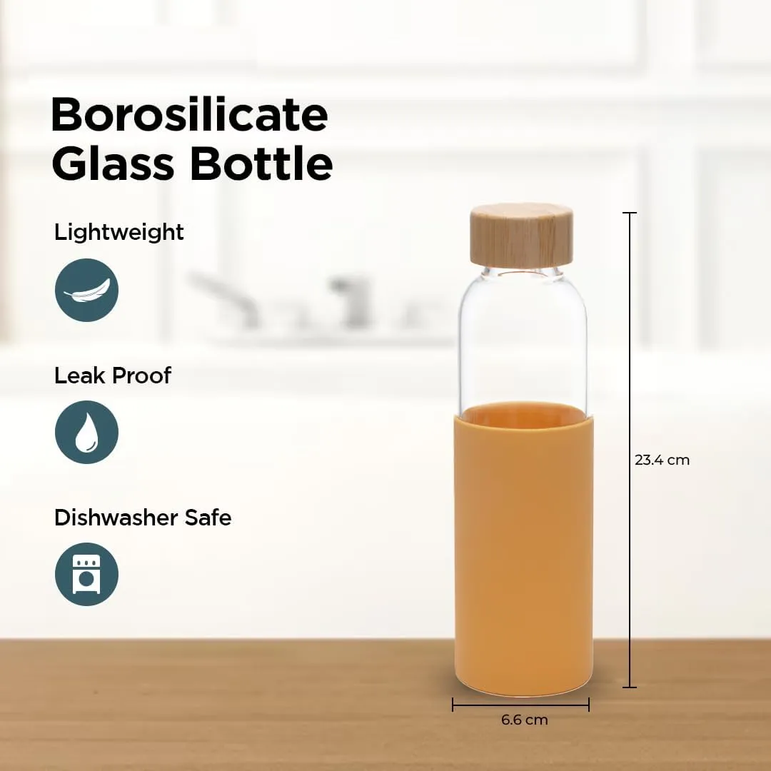 Urbane Home Water Bottle | Glass Bottle | Sleeve Protection Bottle | Bamboo Lid Water Bottle | Travel Round Bottle | 550 ML | Set of 2 | Yellow-Blue