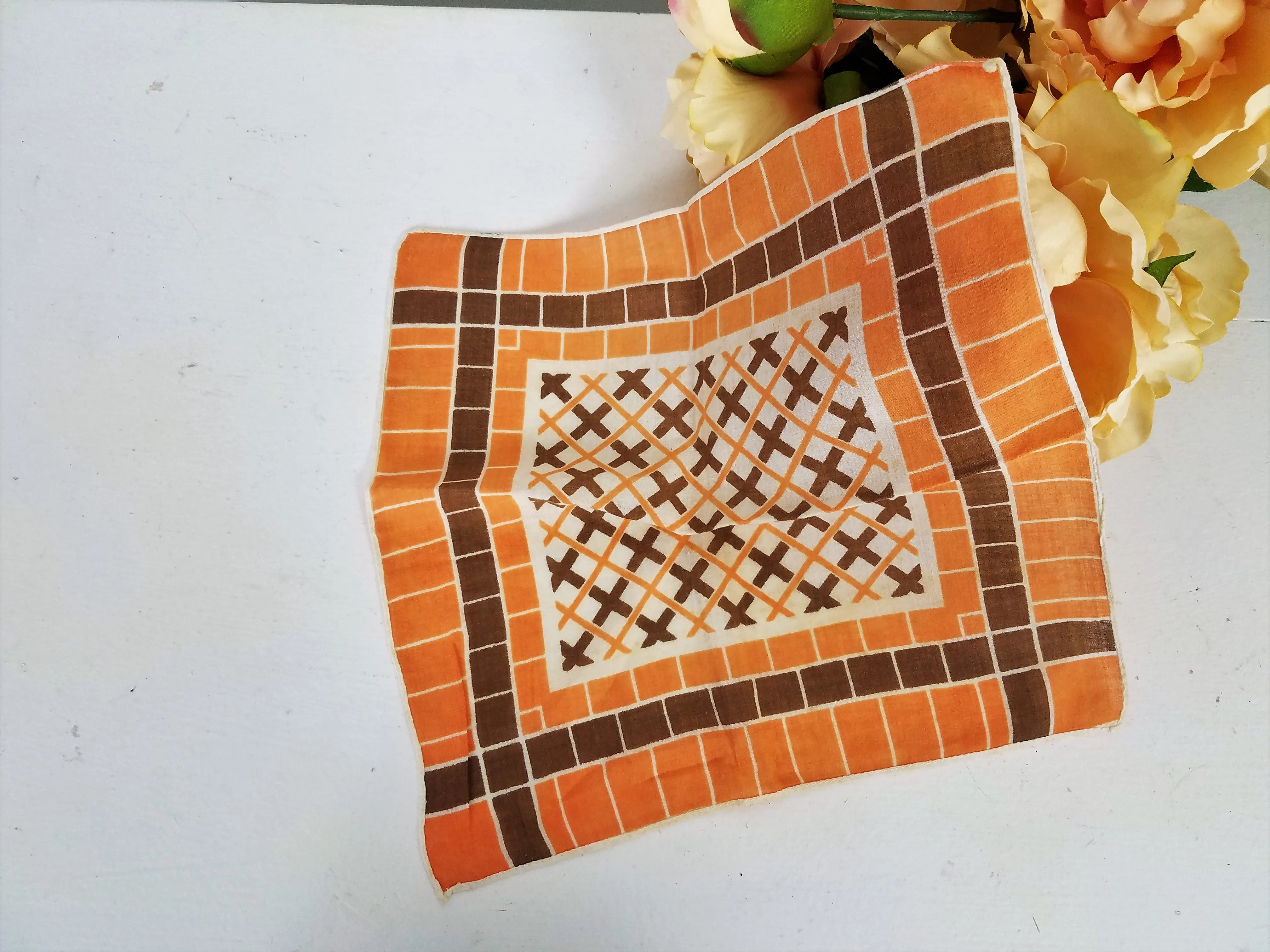 Vintage Orange And Brown Cotton Hanky