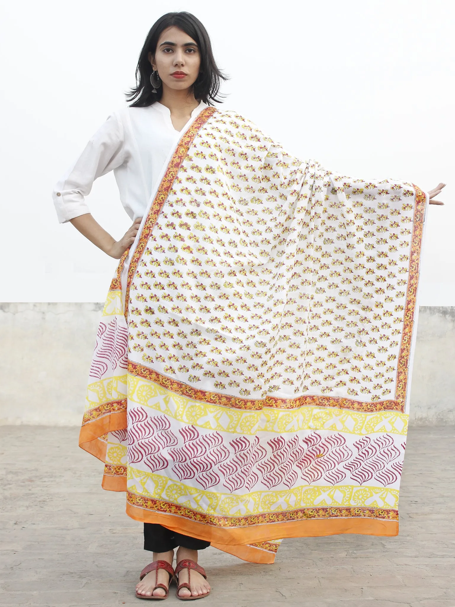 White Maroon Yellow Orange Cotton Hand Block Printed Dupatta - D04170189