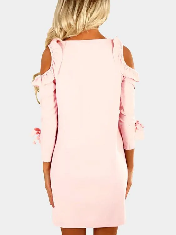 Wholesale Pink Round Neck Cold Shoulder 3/4 Length Sleeve Mini Dress