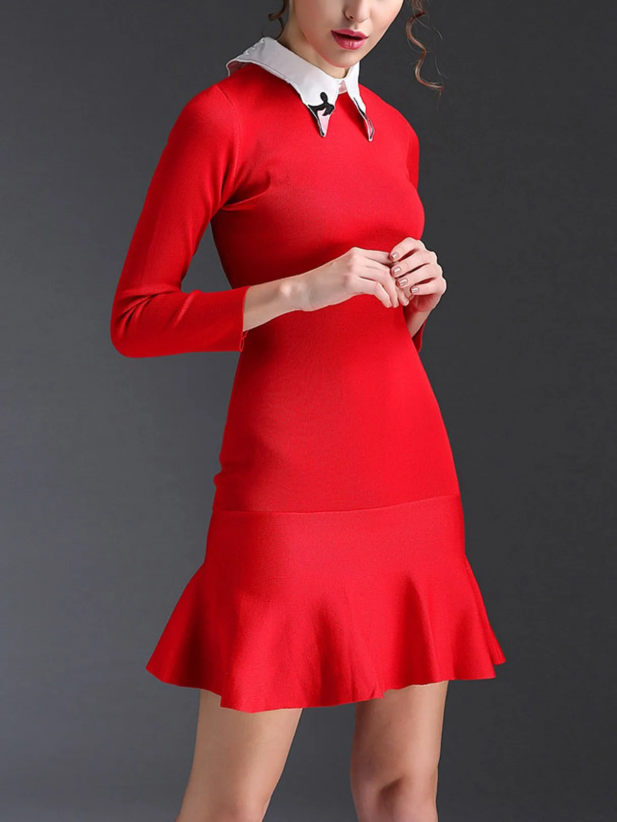 Wholesale Red Long Sleeve Embroidered Plain Flounced Hem Mini Dress